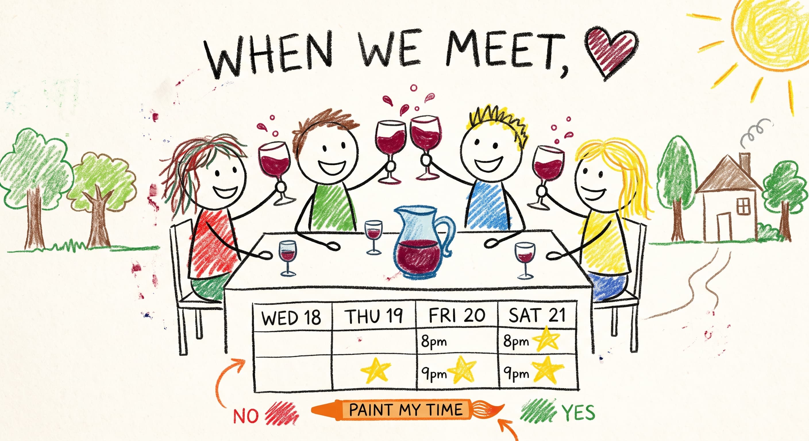 Four friends raising a toast around a table, with a hand-drawn weekly calendar marked with stars for the times that work